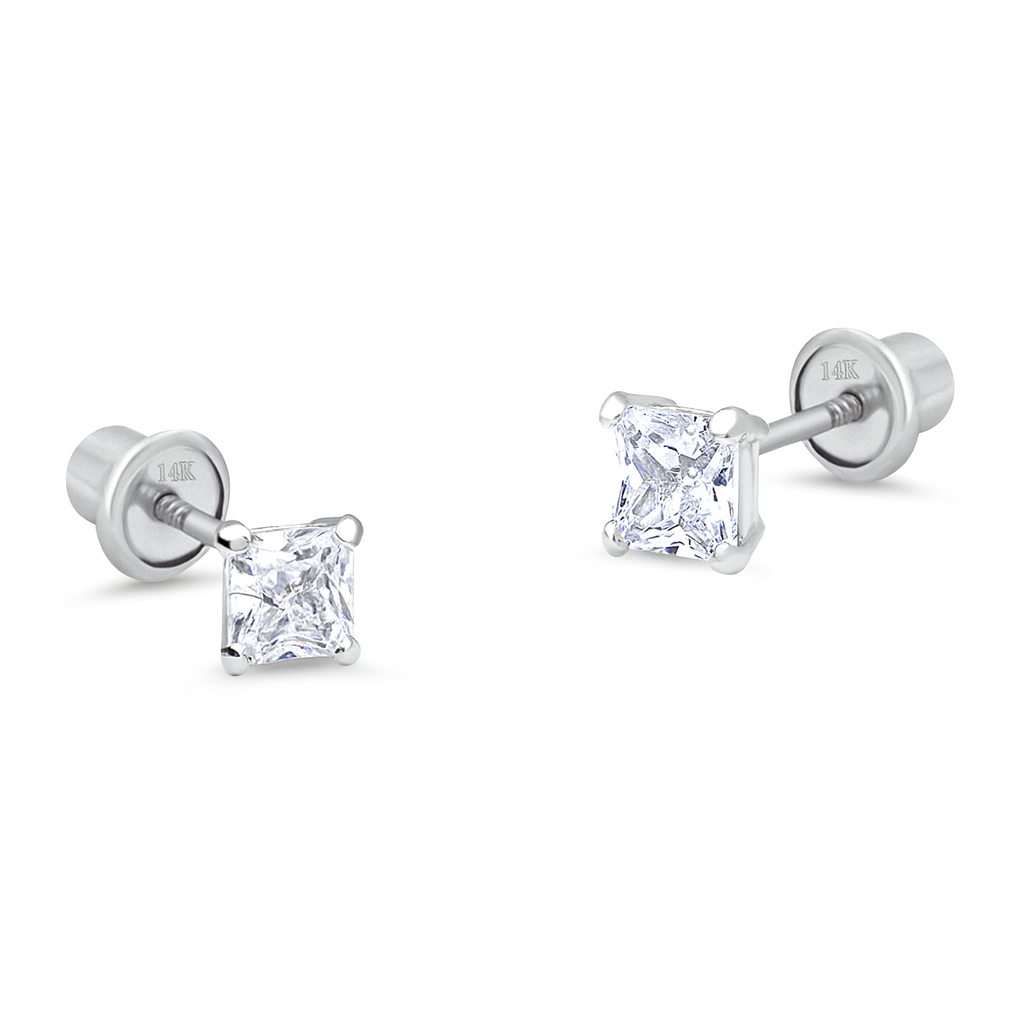 4MM Princess Cut Zirconia White Gold Stud Earring - SHOPKURY.COM