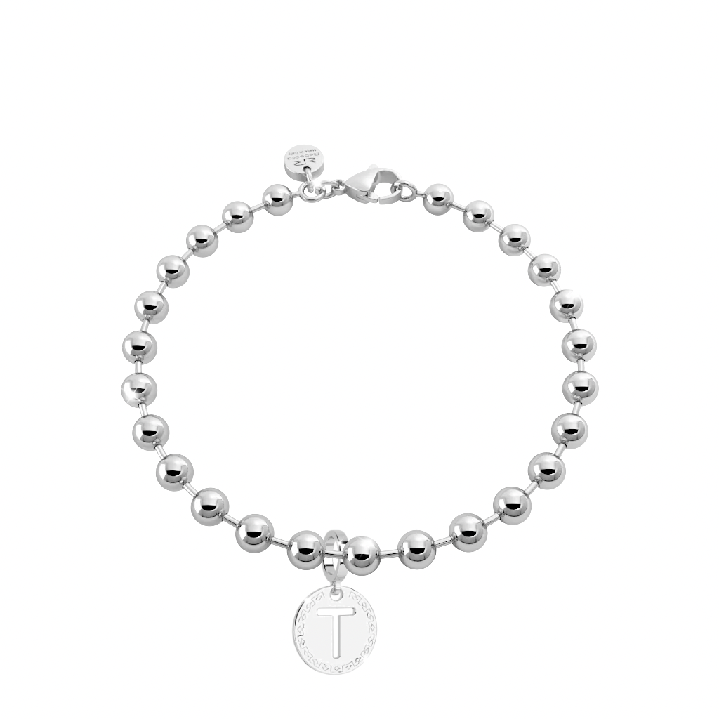 Rhodium Plated Bead Initial Bracelet - Letter T - SHOPKURY.COM