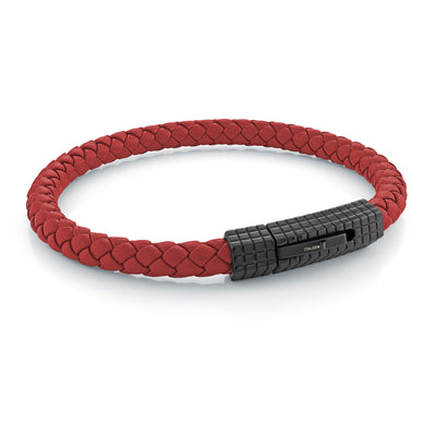 Red Leather Black Steel Bracelet - SHOPKURY.COM