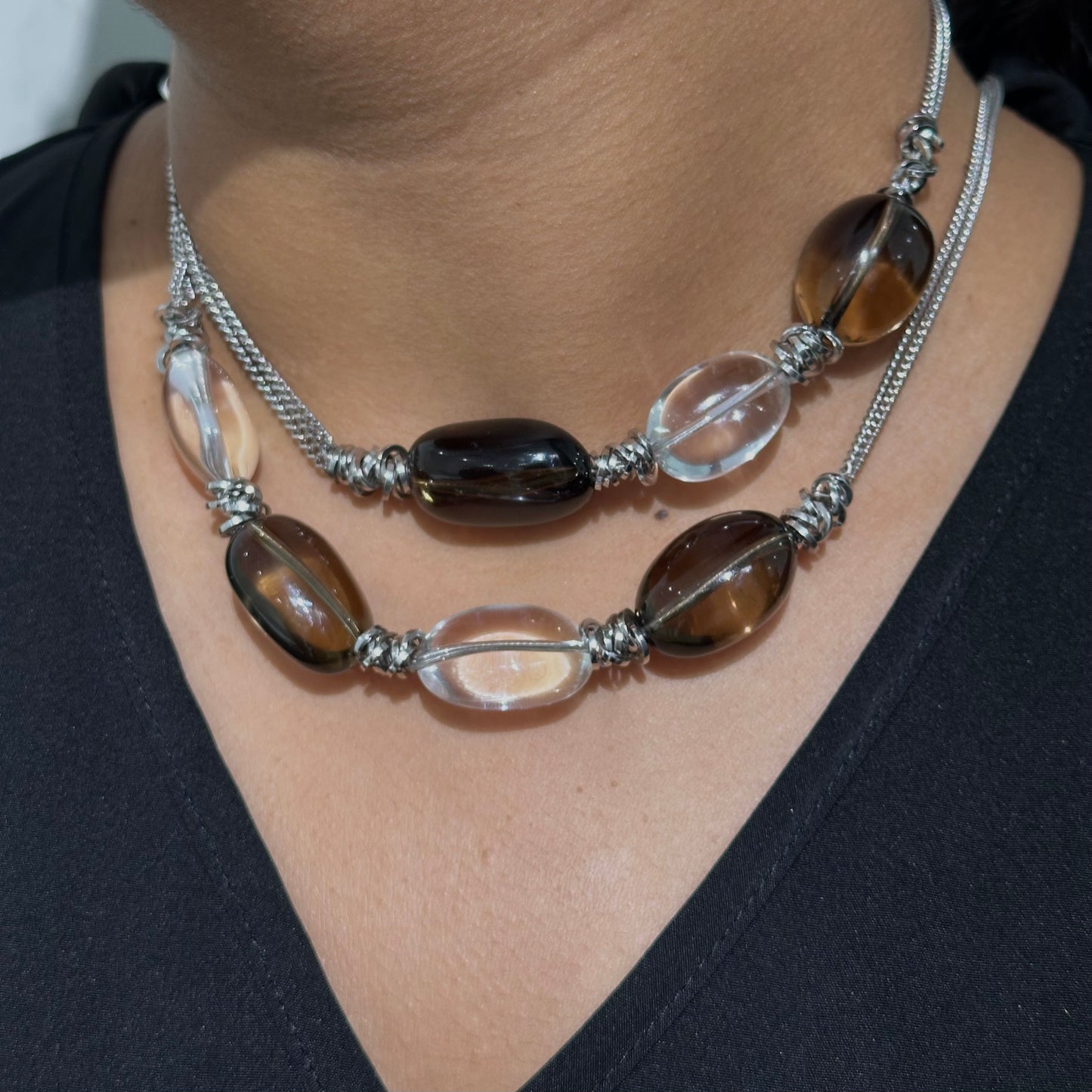 Harmony Long Necklace w/ Smoky Quartz and Clear Quartz - SHOPKURY.COM