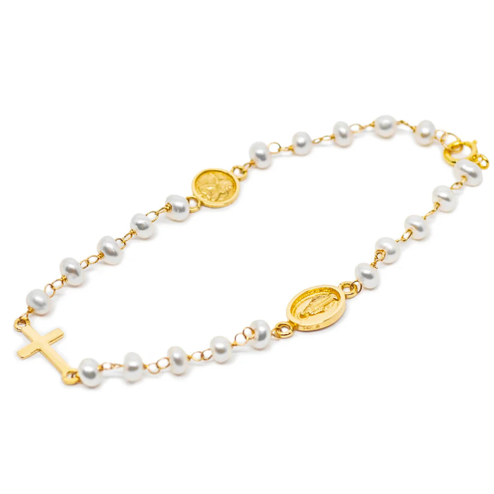 Cross, Miraculous Virgin and Guardian Angel Pearl Kids Bracelet by KURY COLLECTION
