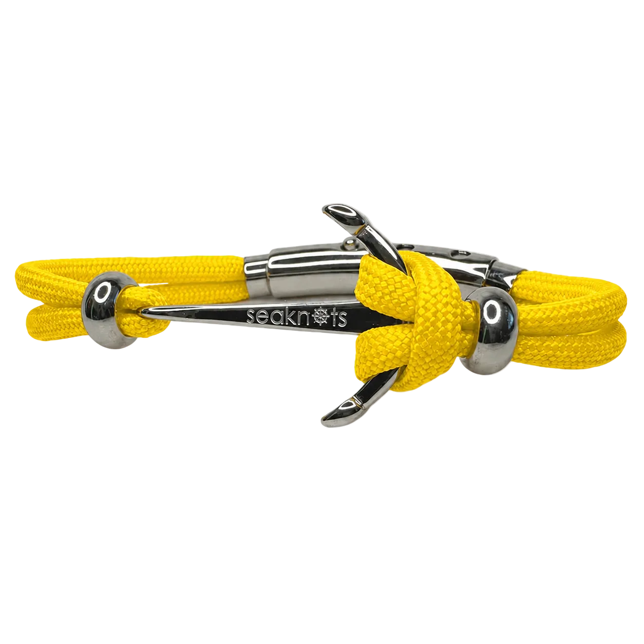 Yellow rope with metal clip and eyelets on a white background