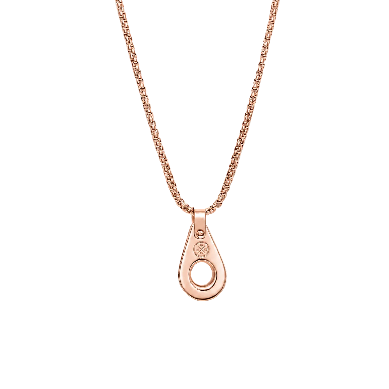 Rose gold teardrop pendant necklace on a white background
