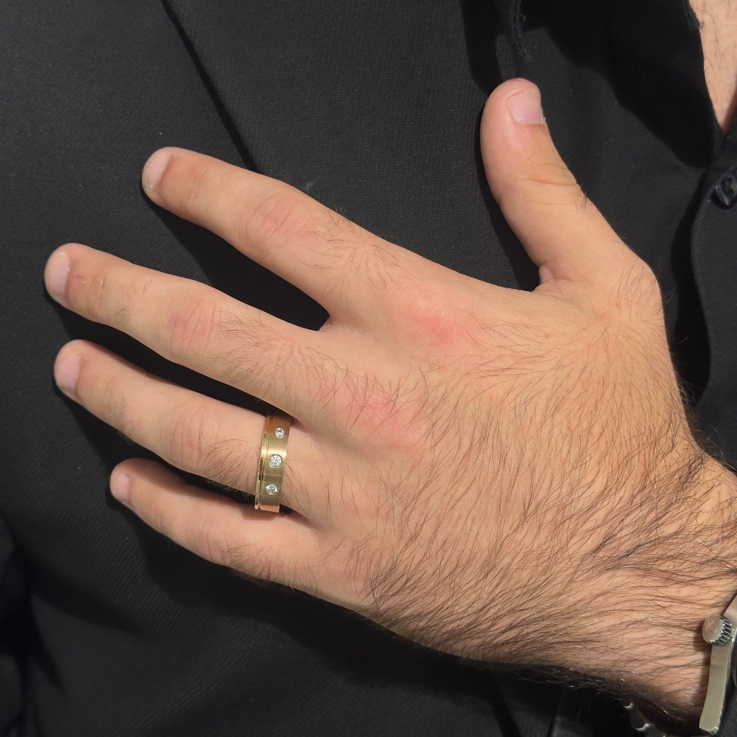 Three Diamond Gold Brushed Band by KURY BRIDAL