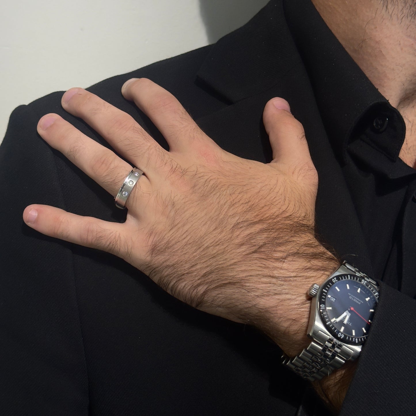 Three Diamond gold brushed White Gold Band by KURY BRIDAL