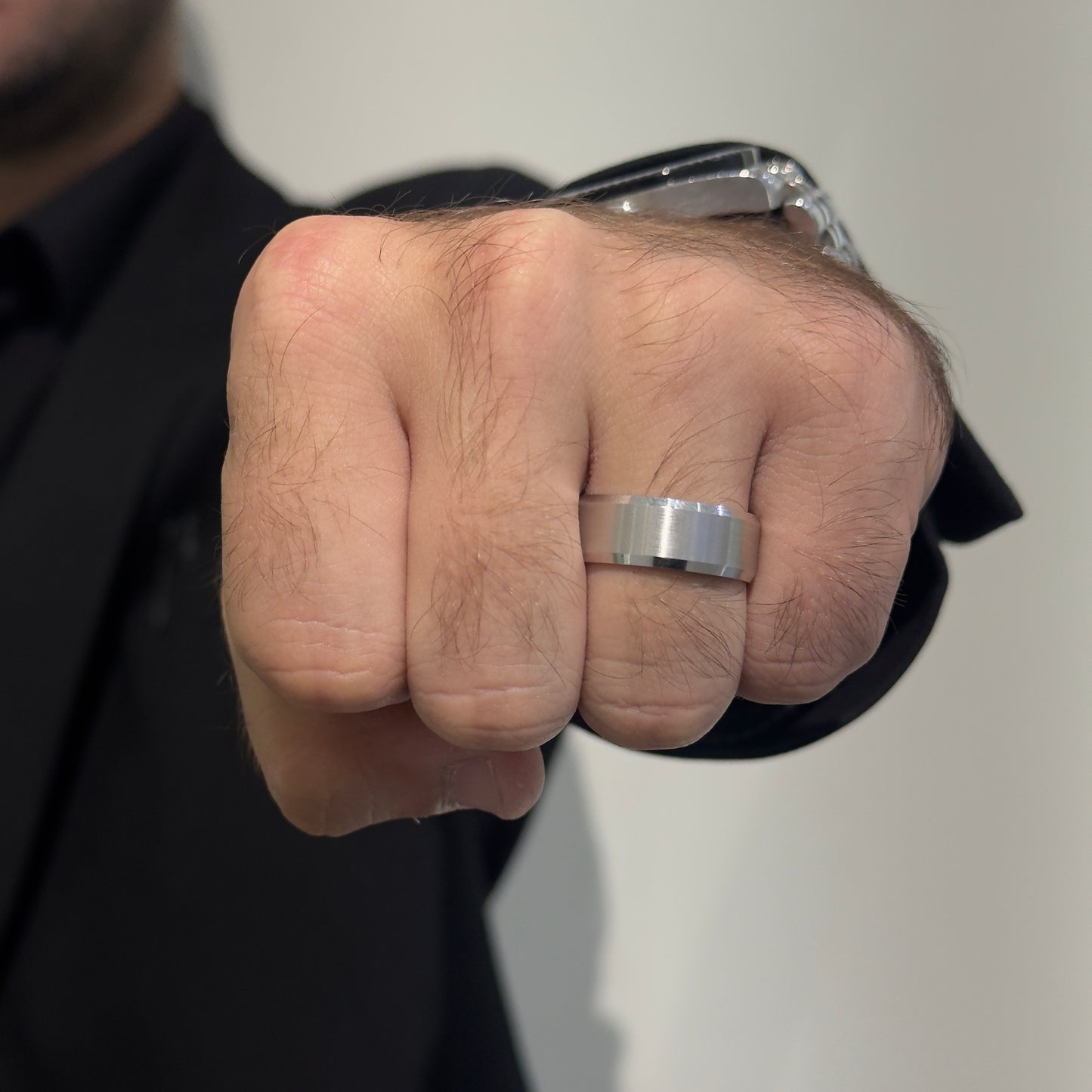 8MM White Gold Diagonal Cut Brushed Center Ring by KURY BRIDAL