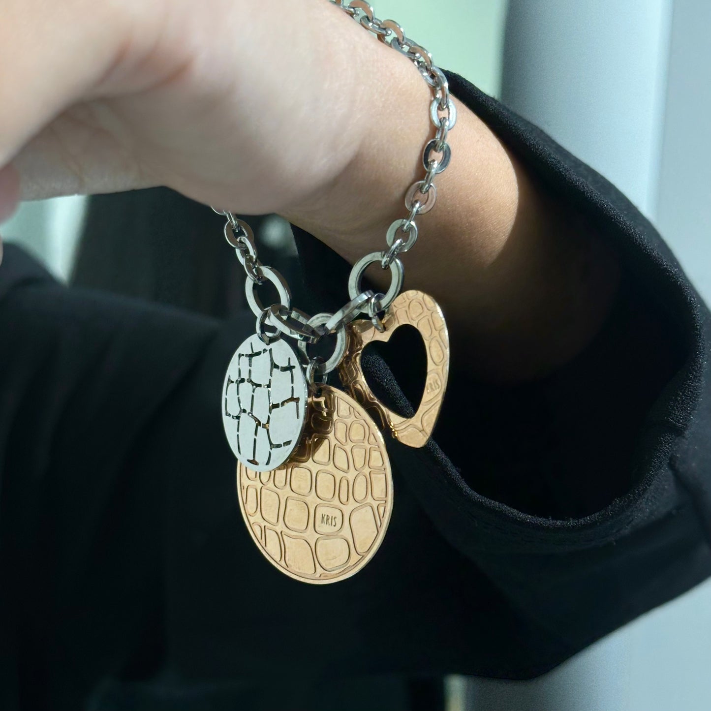 Two-Tone Heart and Circles Pendant Bracelet - SHOPKURY.COM