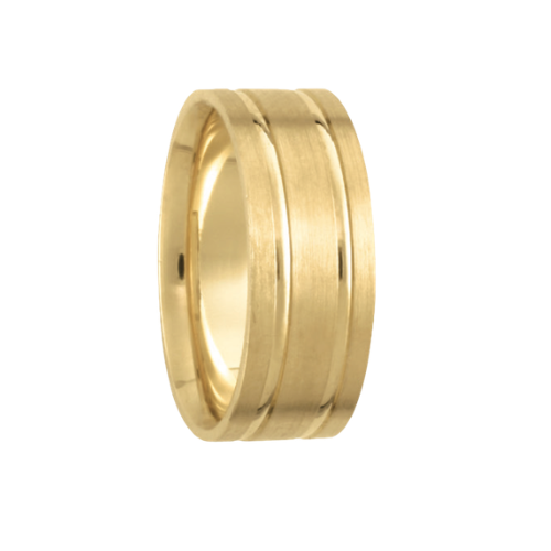 8mm Brushed and Lines Wedding Ring in Yellow Gold by KURY BRIDAL