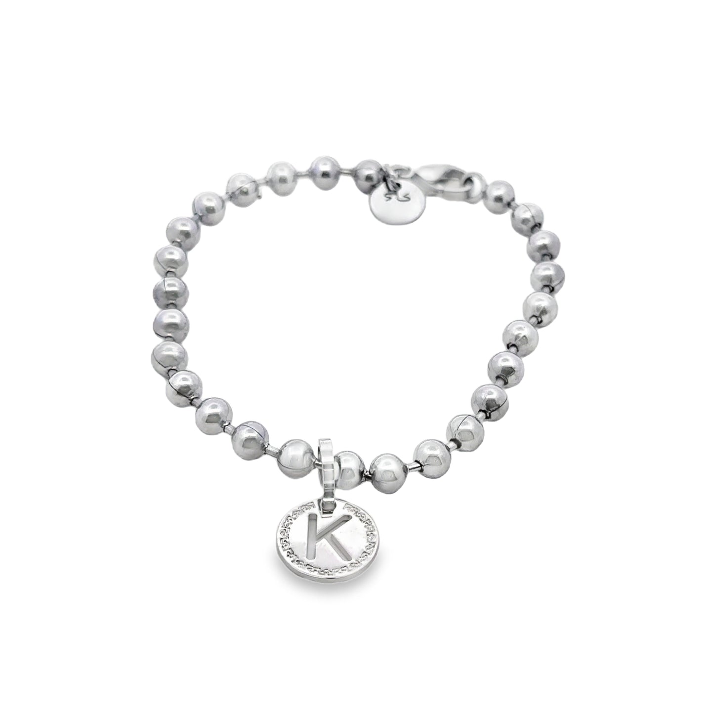 Rhodium Plated Bead Initial Bracelet - Letter K - SHOPKURY.COM