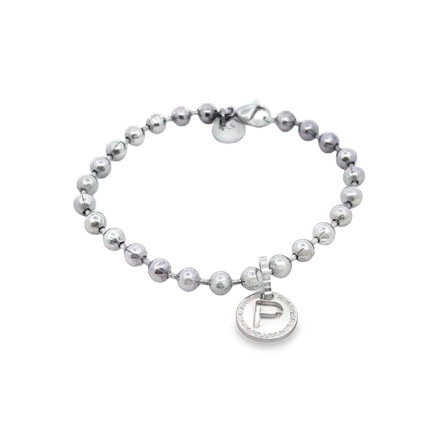 Rhodium Plated Bead Initial Bracelet - Letter P - SHOPKURY.COM