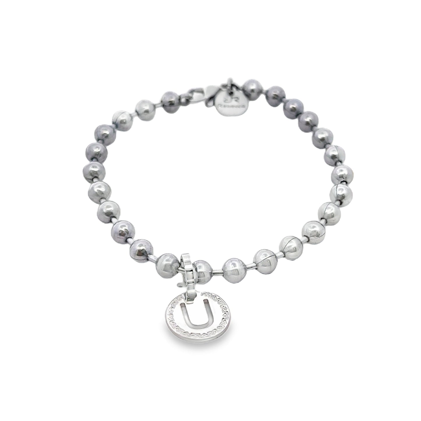 Rhodium Plated Bead Initial Bracelet - Letter U - SHOPKURY.COM