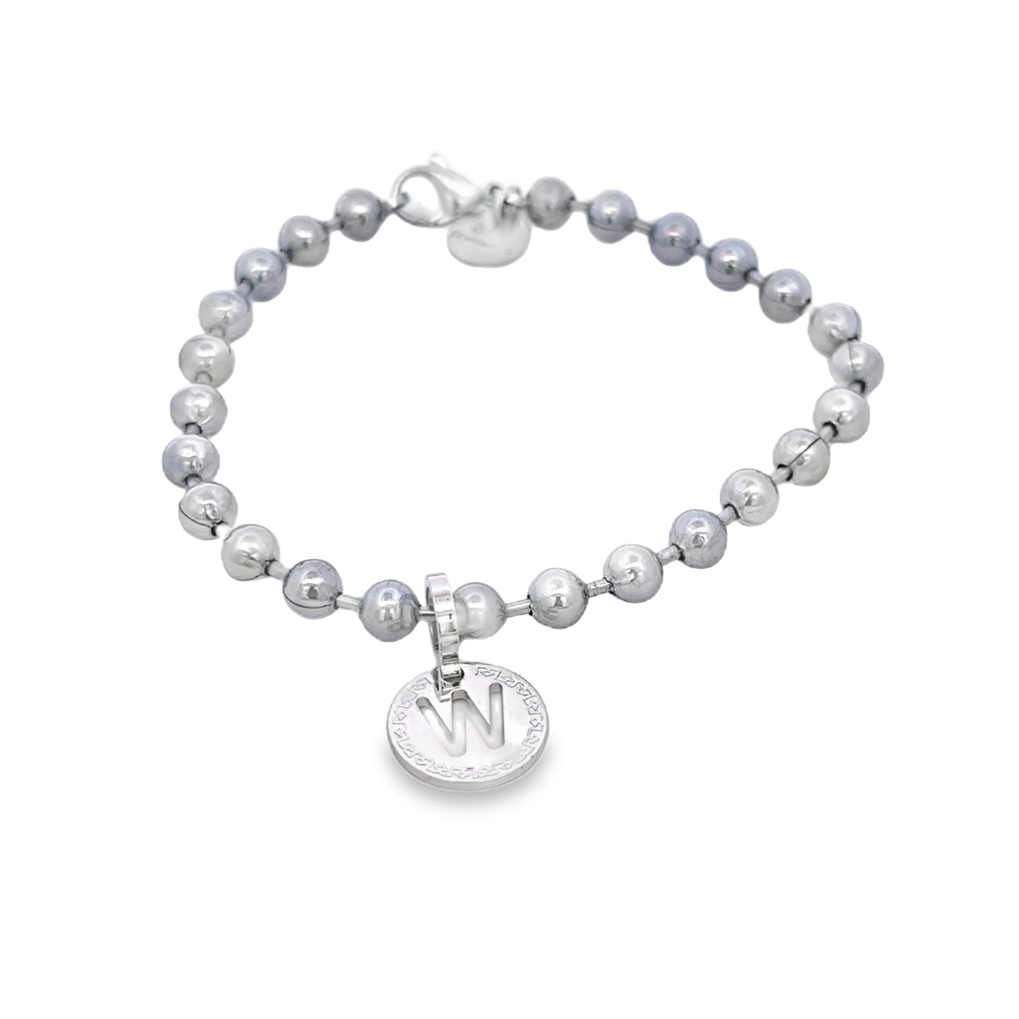 Rhodium Plated Bead Initial Bracelet - Letter W - SHOPKURY.COM