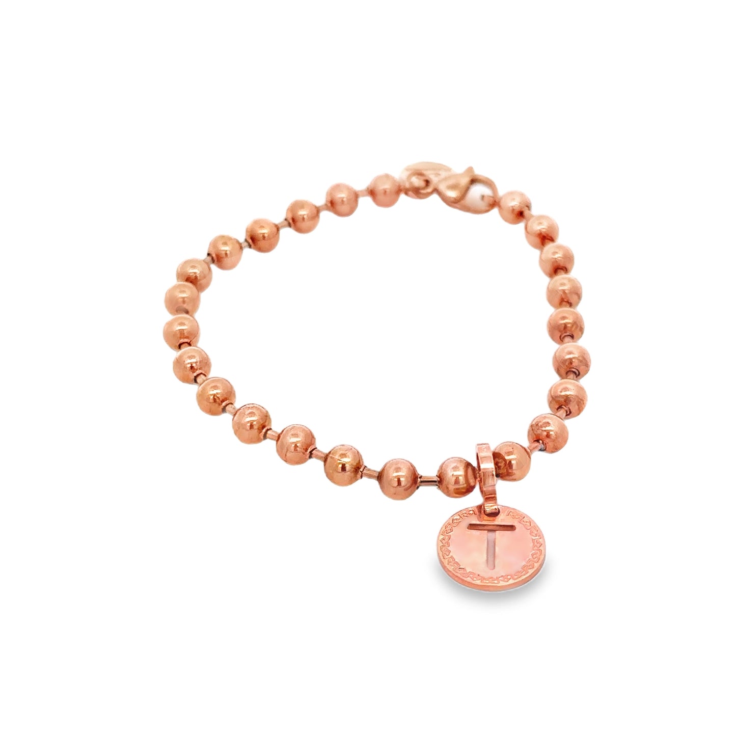 Rose Gold Plated Bead Initial Bracelet - Letter T - SHOPKURY.COM