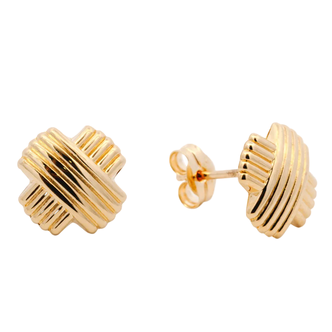 Gold striped earrings on a white background