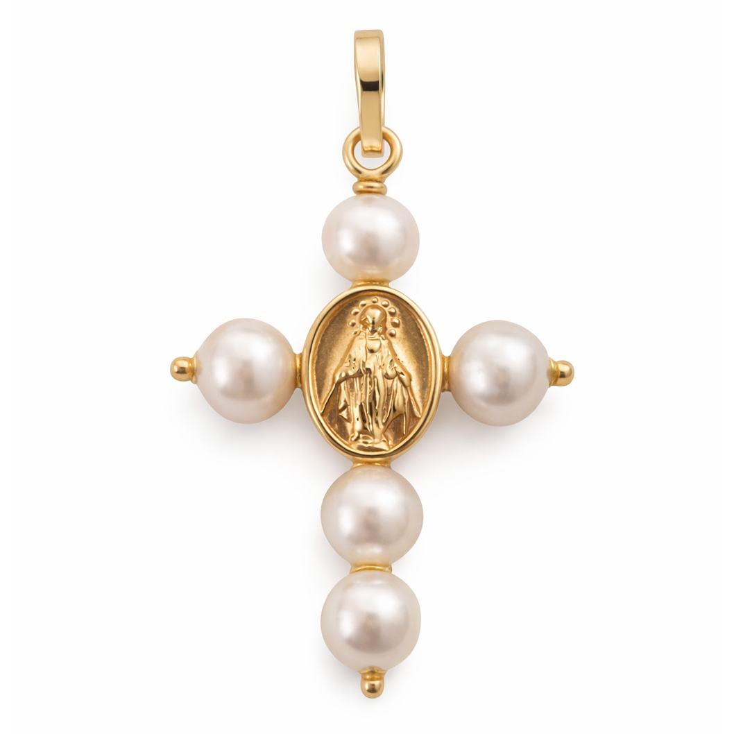 Miraculous Virgin and Pearls Cross Pendant by KURY COLLECTION