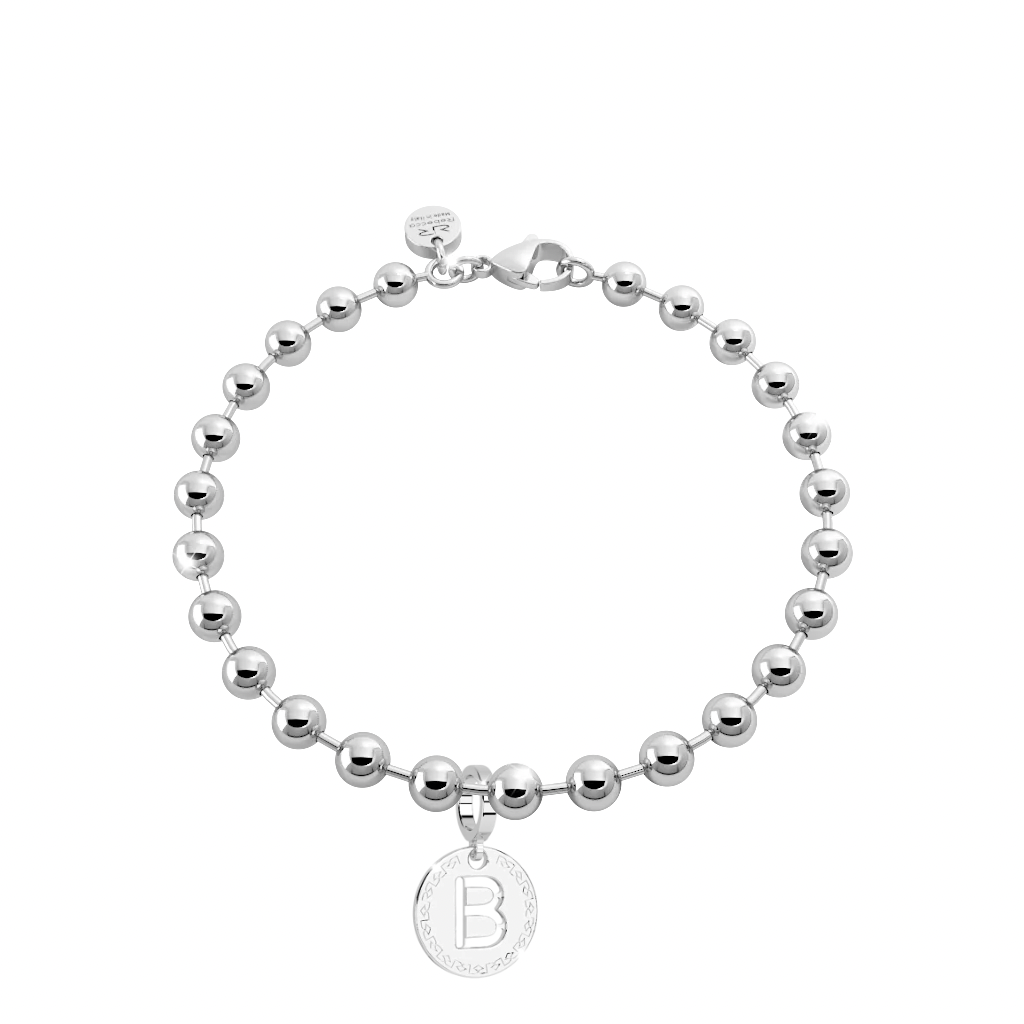 Rhodium Plated Bead Initial Bracelet - Letter B - SHOPKURY.COM