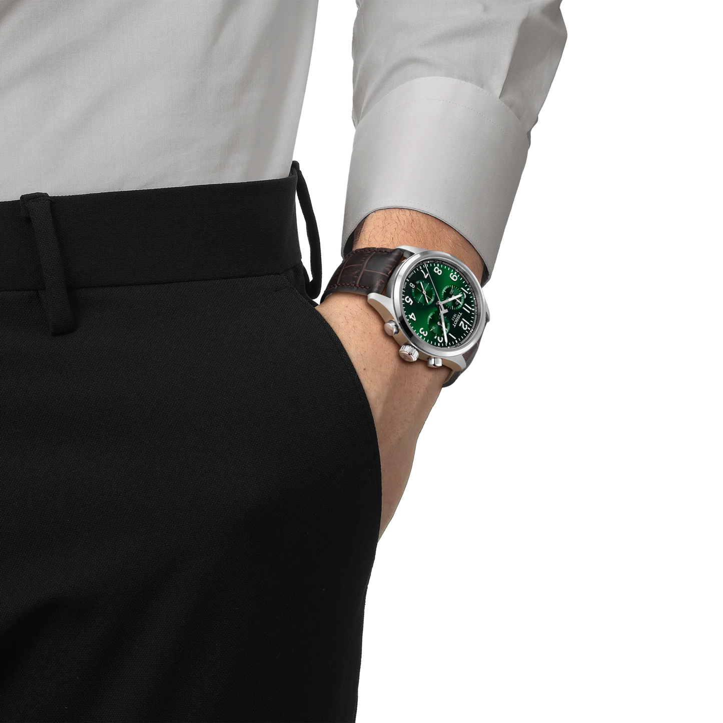 Chrono L 42mm Green Dial and Brown Leather Strap by TISSOT