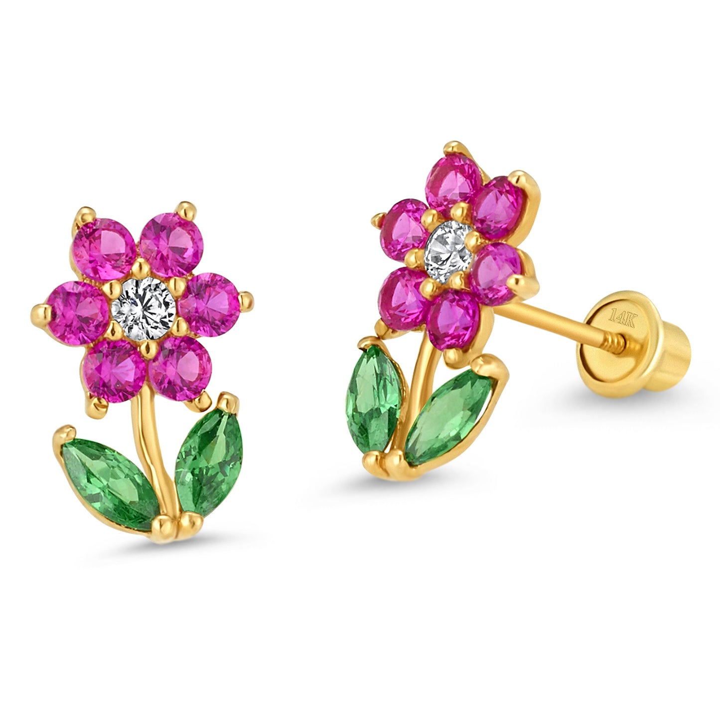 Fuscia Flower and Leaves Zirconias Stud Earrings - SHOPKURY.COM