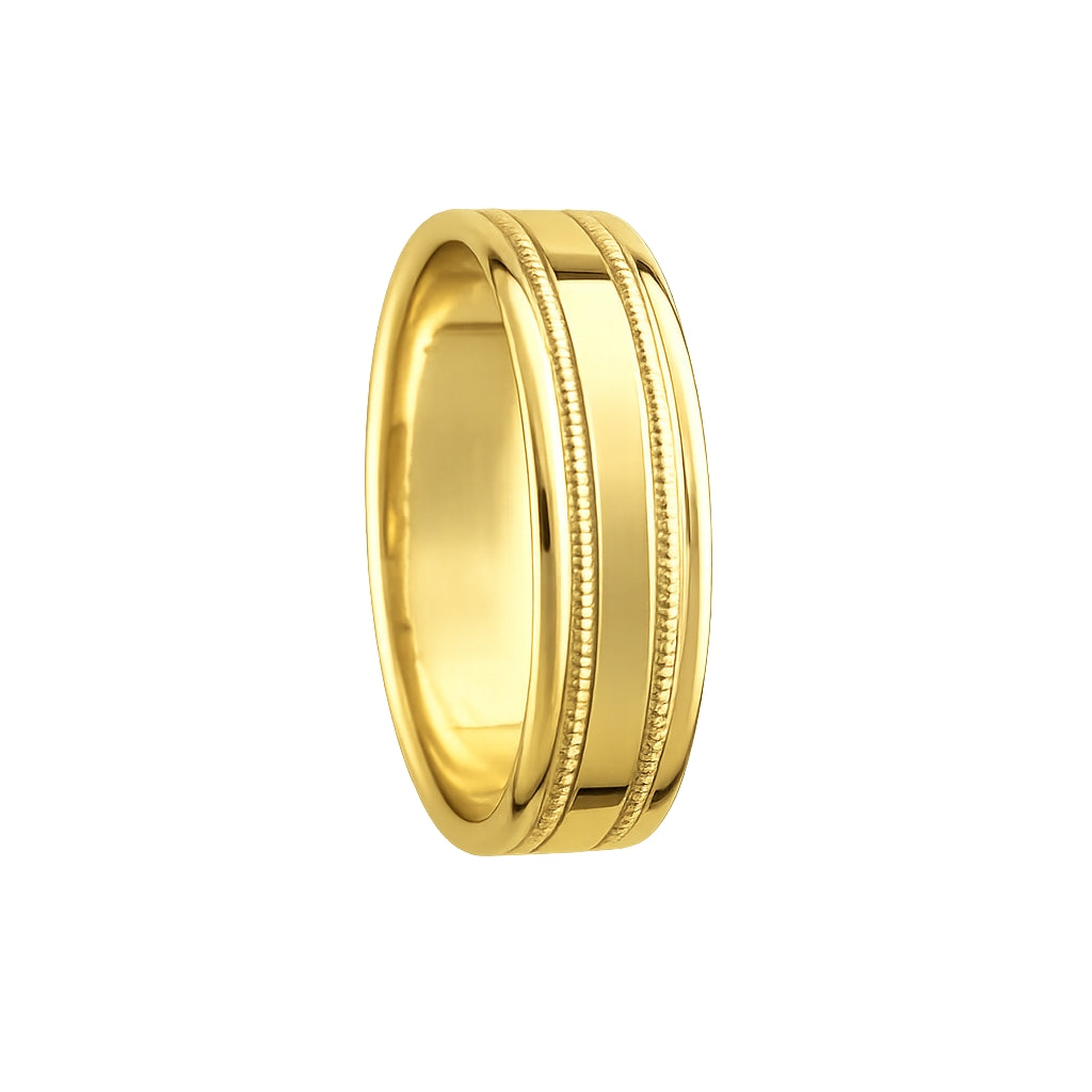 6mm Polished Milgrain Pattern Wedding Band in Yellow Gold by KURY BRIDAL