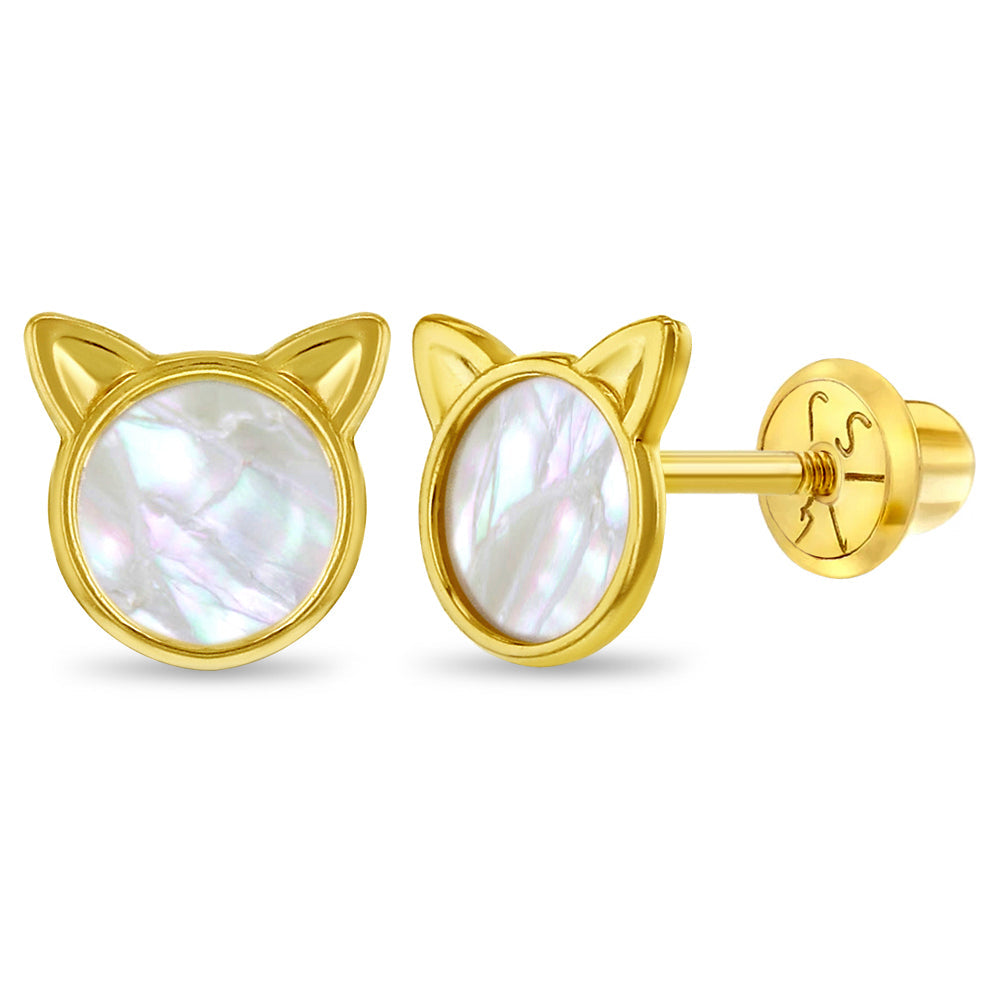 Kids Mother Pearl Kitty Cat Earrings - SHOPKURY.COM