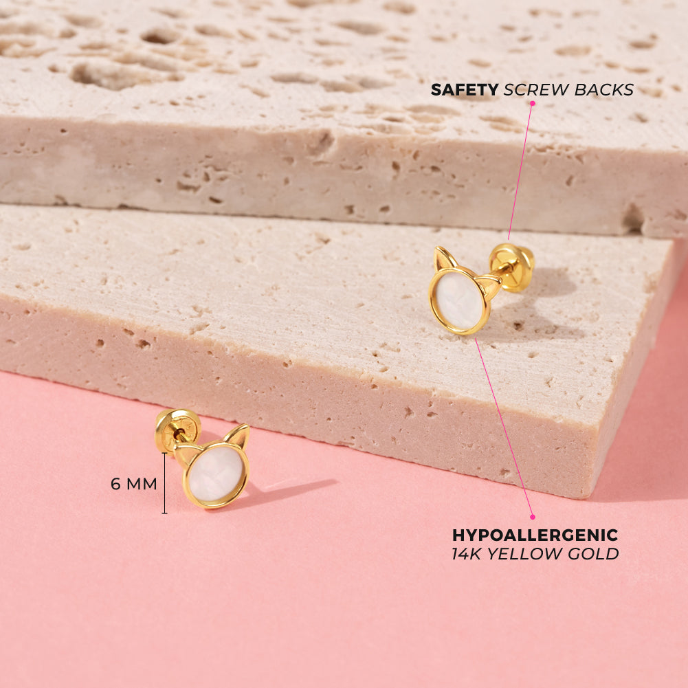 Kids Mother Pearl Kitty Cat Earrings - SHOPKURY.COM