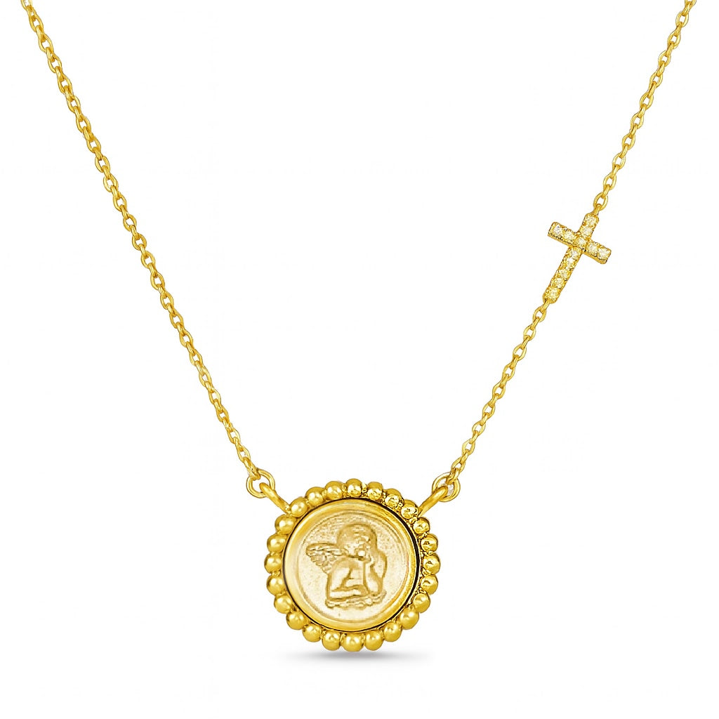 Yellow Gold Angel and Diamond Cross Necklace by KURY COLLECTION