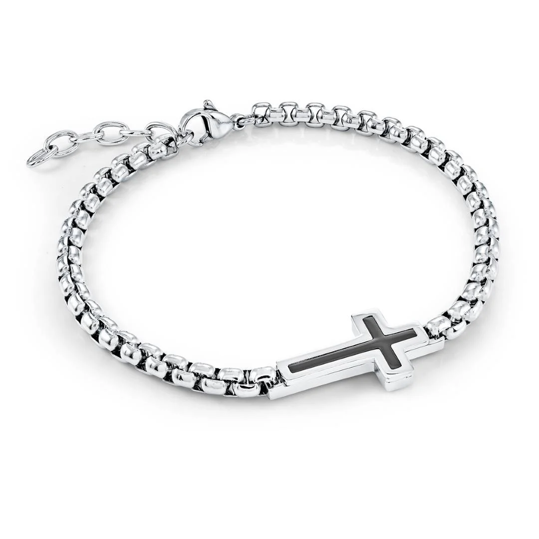 Steel and Black Box Link Cross Bracelet by ITALGEM