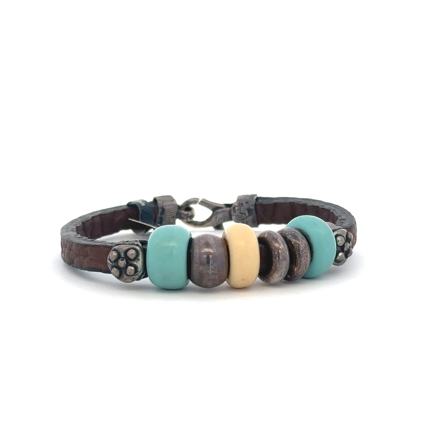 Brown Leather Bracelet with Turquoise Resin Beads - SHOPKURY.COM
