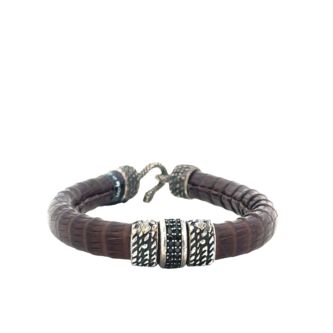 Brown Textured Leather Bracelet with Black Cz - SHOPKURY.COM