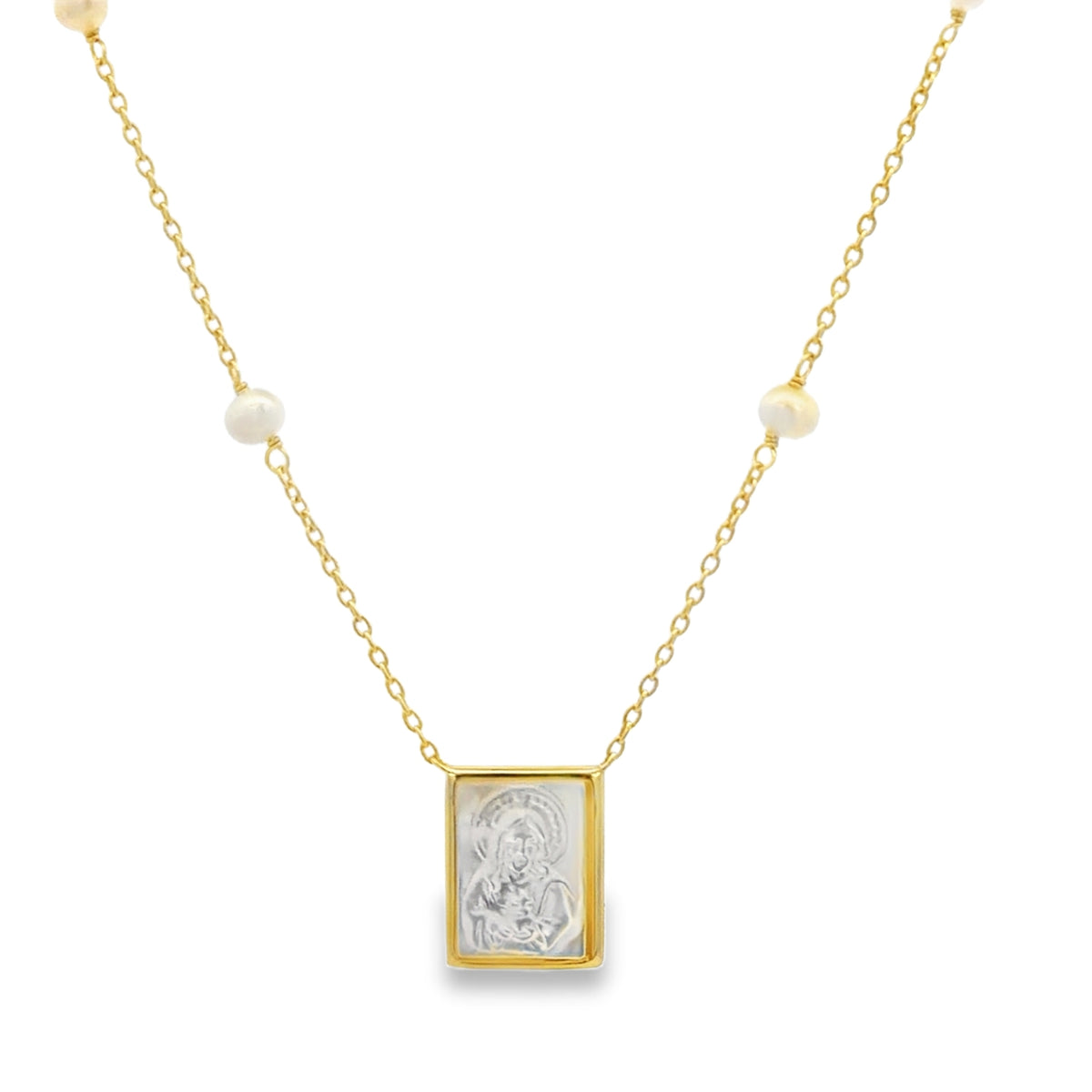 Rectangular Sacred Heart of Jesus Mother Pearl Kids Necklace by KURY COLLECTION