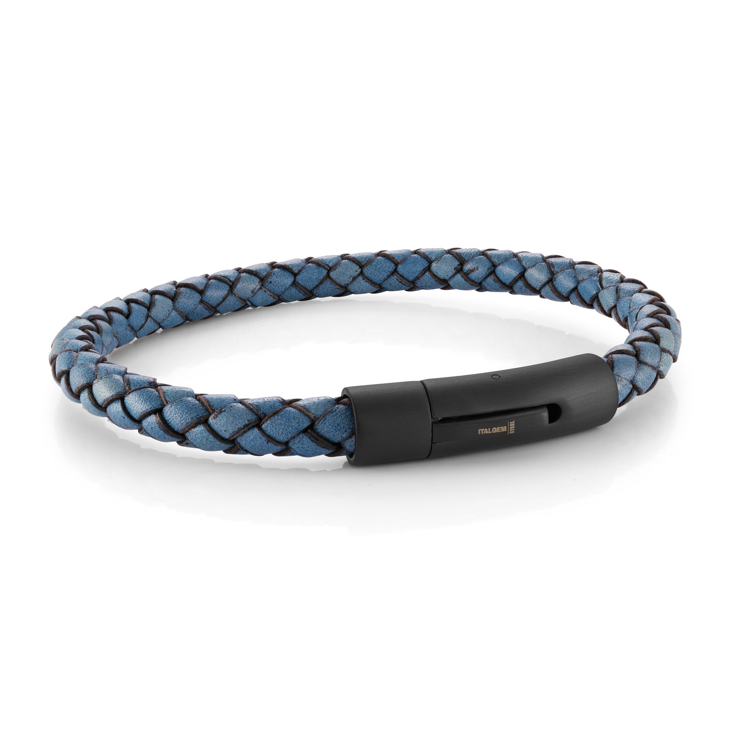 Blue Leather Black Steel Push Clasp Bracelet - SHOPKURY.COM
