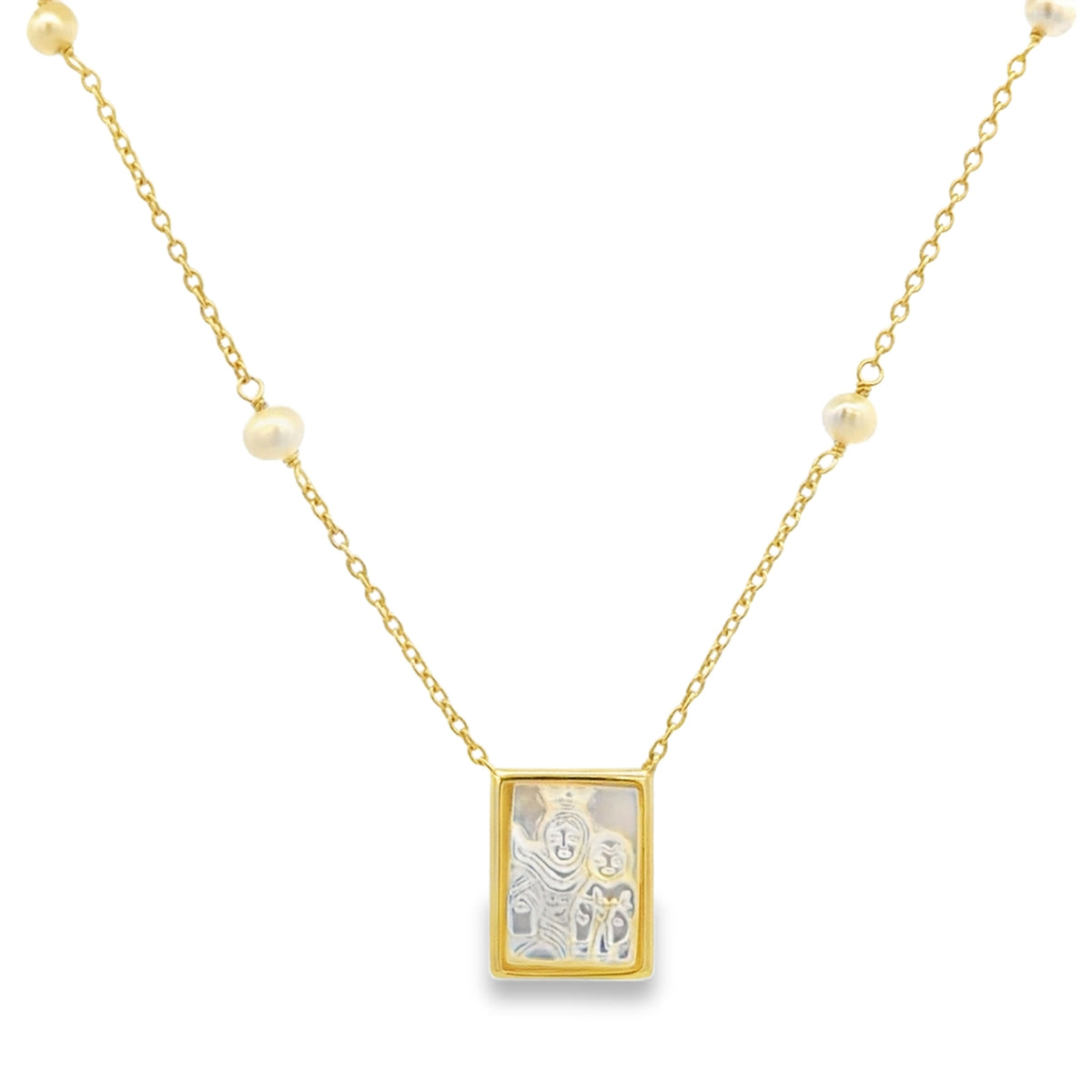 Rectangular Our Lady of Carmel Mother Pearl Kids Necklace by KURY COLLECTION