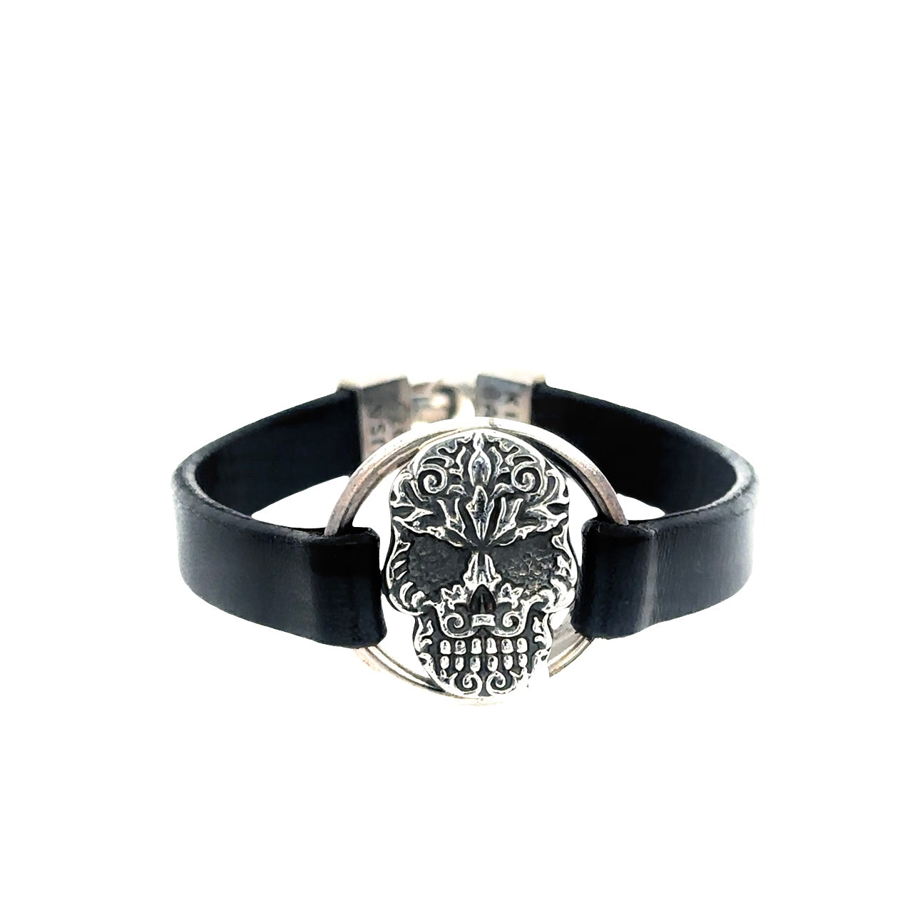 Baroque Skull Centerpiece on Black Leather Strap Bracelet - SHOPKURY.COM