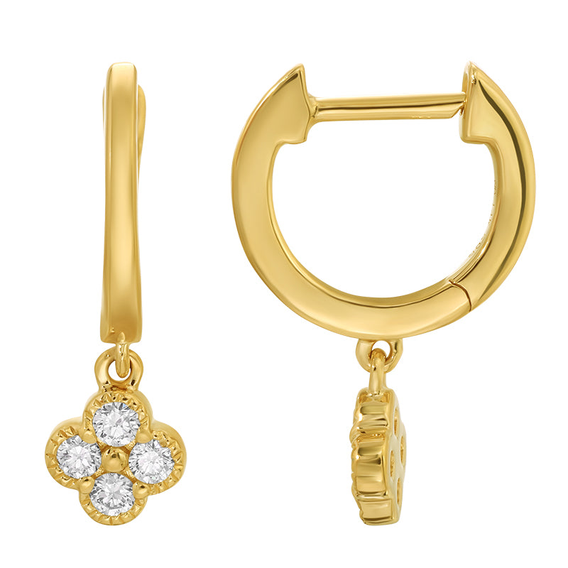 Clover Diamonds Dangle 10MM Huggie Earrings 14KY - SHOPKURY.COM