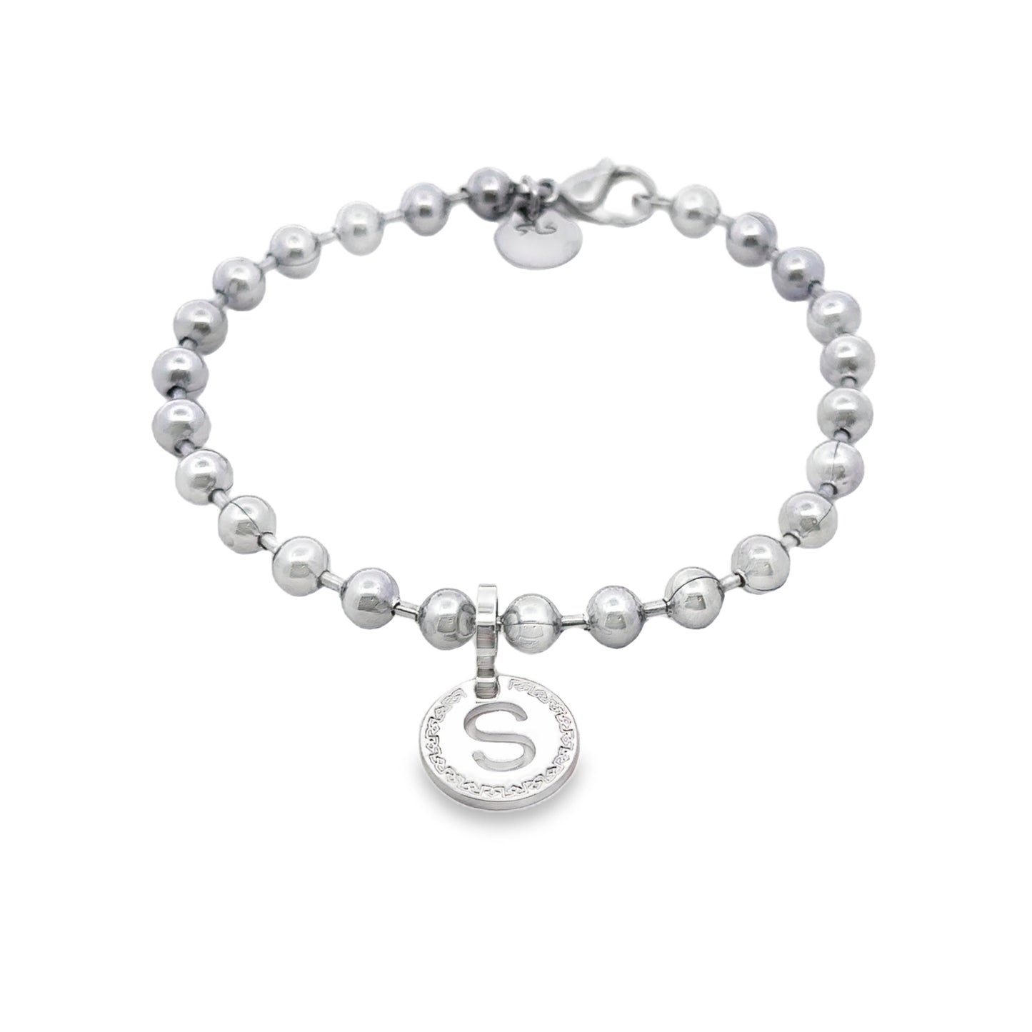 Rhodium Plated Bead Initial Bracelet - Letter  S - SHOPKURY.COM