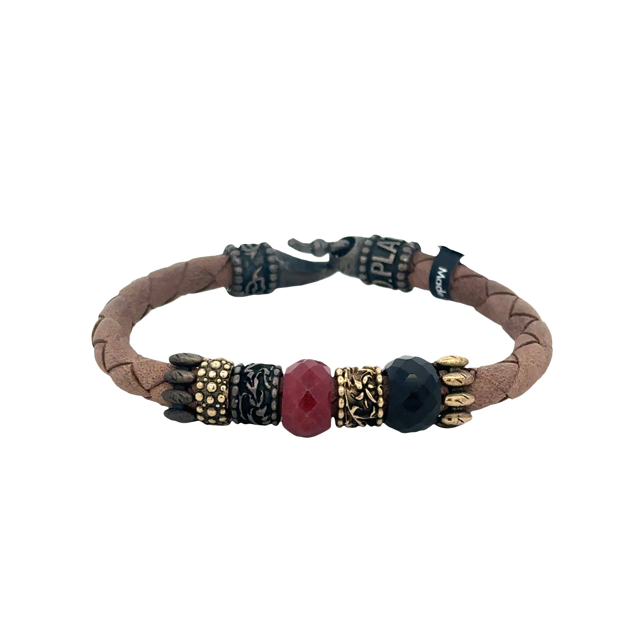 Braided Brown Leather Bracelet with Onyx and Rubi - SHOPKURY.COM