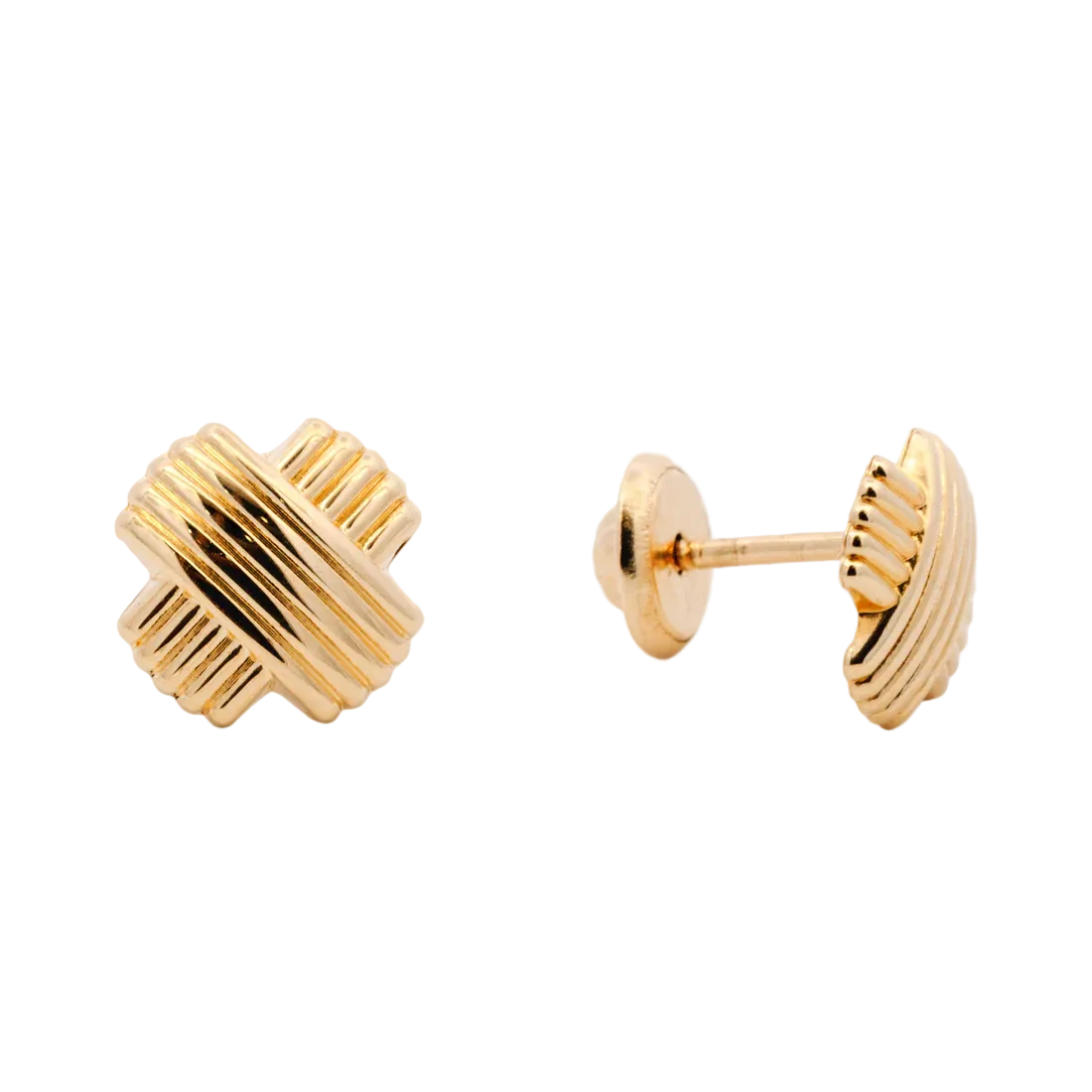 Gold earrings with a textured design on a white background