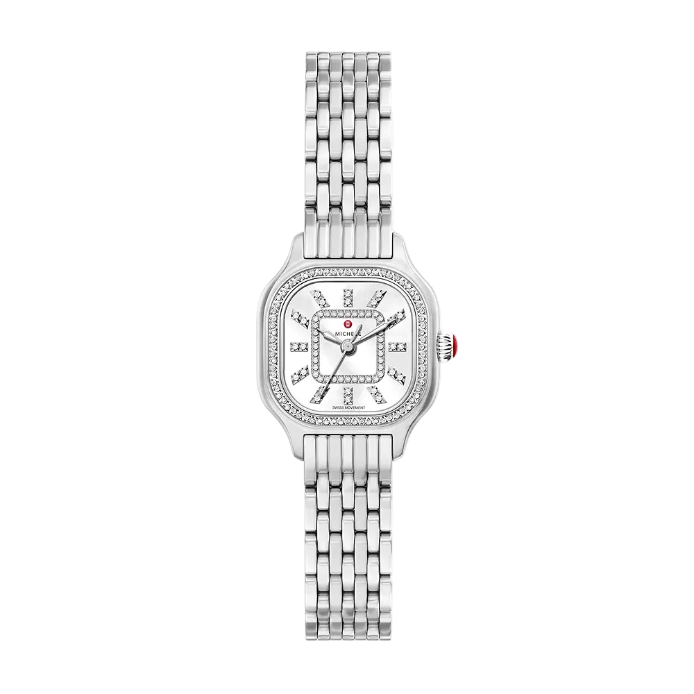A silver-tone stainless steel watch with a rectangular bezel, diamond accents around the dial, and a matching steel link bracelet, shown against a plain white background.