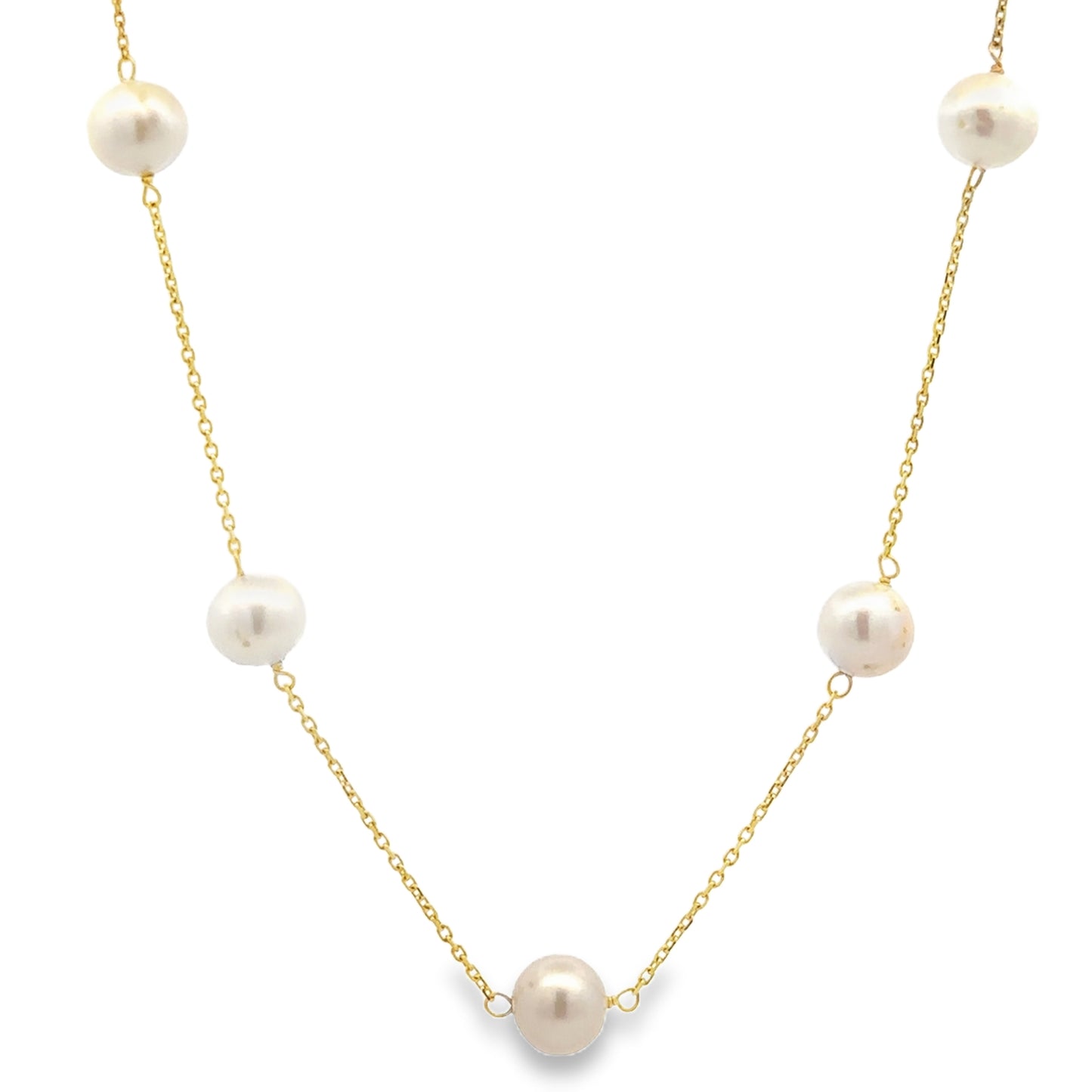 Pearl necklace with gold chain on a white background
