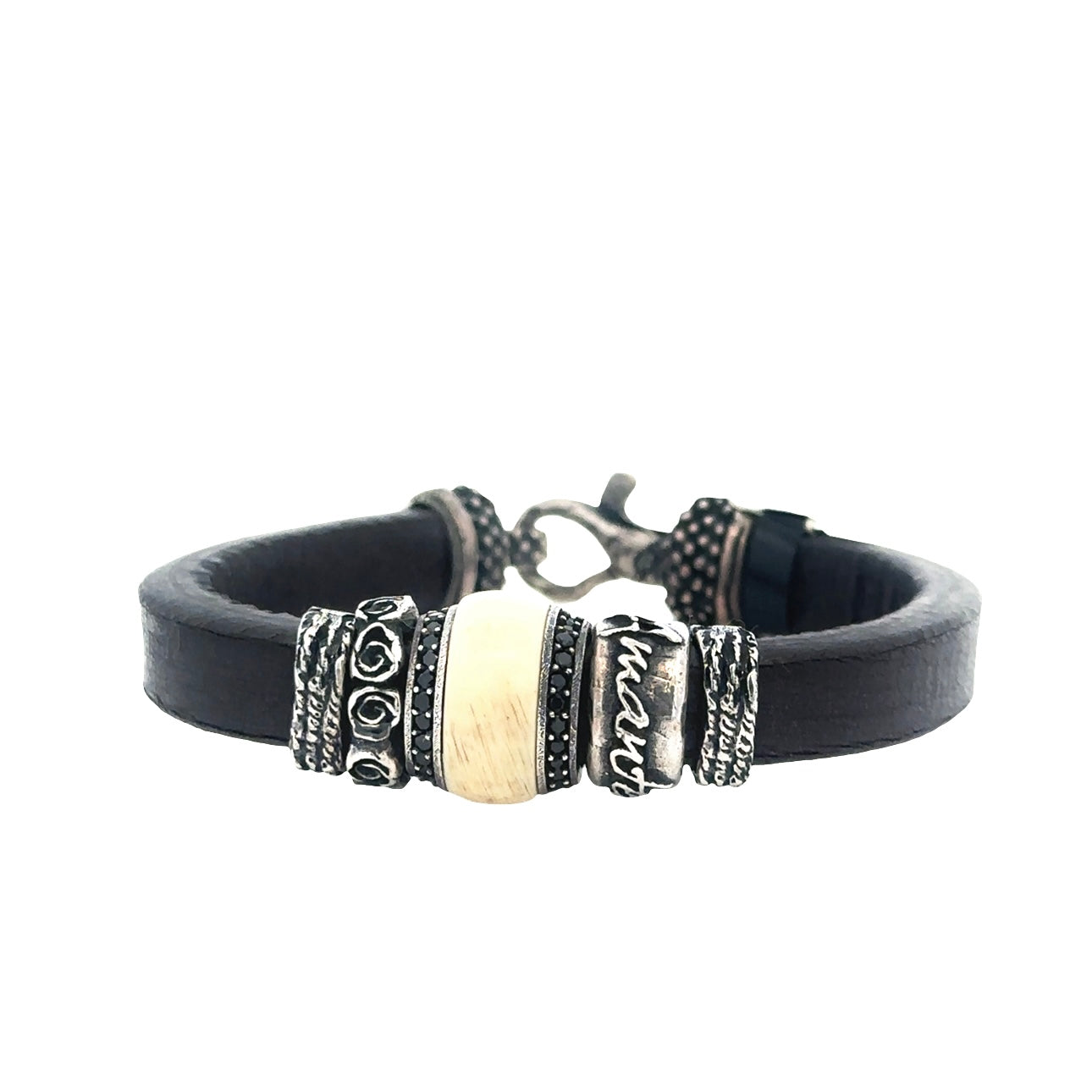 Leather Bracelet with Black Cz and Resin Bead - SHOPKURY.COM