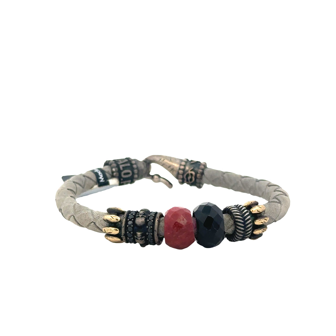 Grey Leather Bracelet with Onyx and Rubi Stones - SHOPKURY.COM