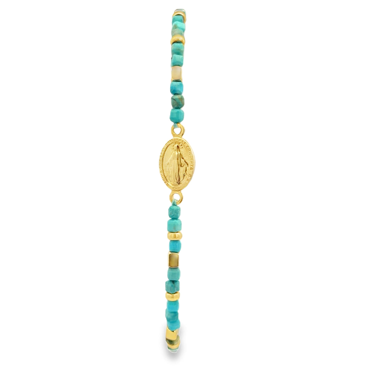 Virgen Milagrosa Oval Pendant on Turquoise Beaded Kids Bracelet by KURY COLLECTION