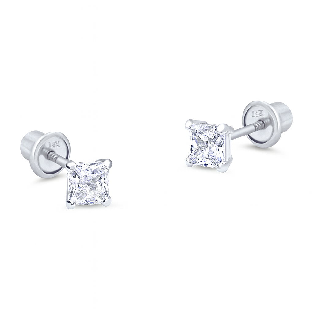 3MM Princess Cut Zirconia White Gold Stud Earring - SHOPKURY.COM