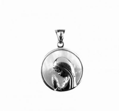 Virgen Nina Mother Pearl Silver Pendant 12mm by Kury - Available at SHOPKURY.COM. Free Shipping on orders over $200. Trusted jewelers since 1965, from San Juan, Puerto Rico.
