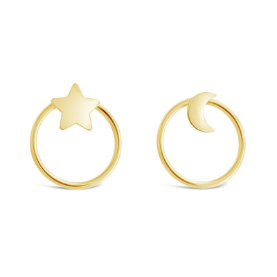 Mismatch Hoop Moon Star Earrings 14K by Kury - Available at SHOPKURY.COM. Free Shipping on orders over $200. Trusted jewelers since 1965, from San Juan, Puerto Rico.