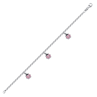 Pink Ladybugs Silver Bracelet by Kury - Available at SHOPKURY.COM. Free Shipping on orders over $200. Trusted jewelers since 1965, from San Juan, Puerto Rico.