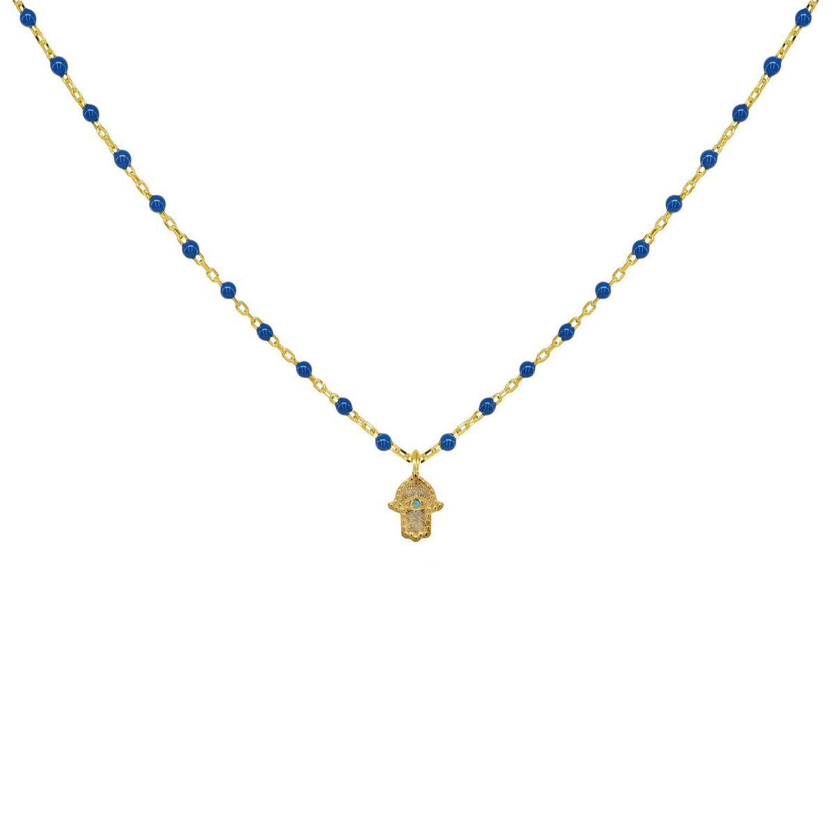 Blue Beads Mini Hamsa Necklace by Kury - Available at SHOPKURY.COM. Free Shipping on orders over $200. Trusted jewelers since 1965, from San Juan, Puerto Rico.