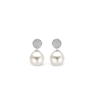 Pearl and Pave Drop Earrings by Ti Sento - Available at SHOPKURY.COM. Free Shipping on orders over $200. Trusted jewelers since 1965, from San Juan, Puerto Rico.