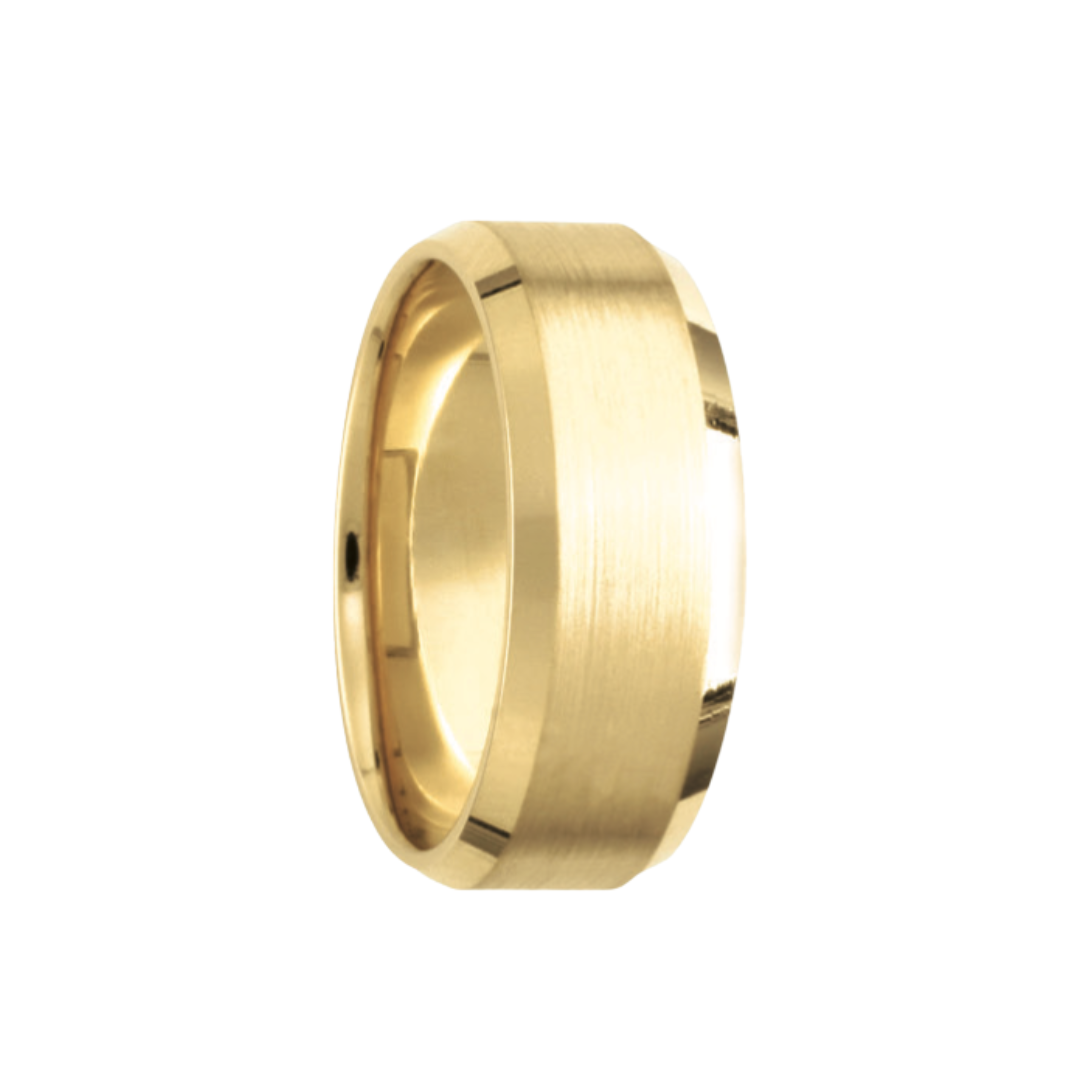 8MM Yellow Gold Diagonal Cut Brushed Center Ring by Kury Bridal - Available at SHOPKURY.COM. Free Shipping on orders over $200. Trusted jewelers since 1965, from San Juan, Puerto Rico.