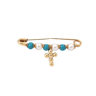 Turquoise and Pearl Cross Baby Pin by Kury - Available at SHOPKURY.COM. Free Shipping on orders over $200. Trusted jewelers since 1965, from San Juan, Puerto Rico.